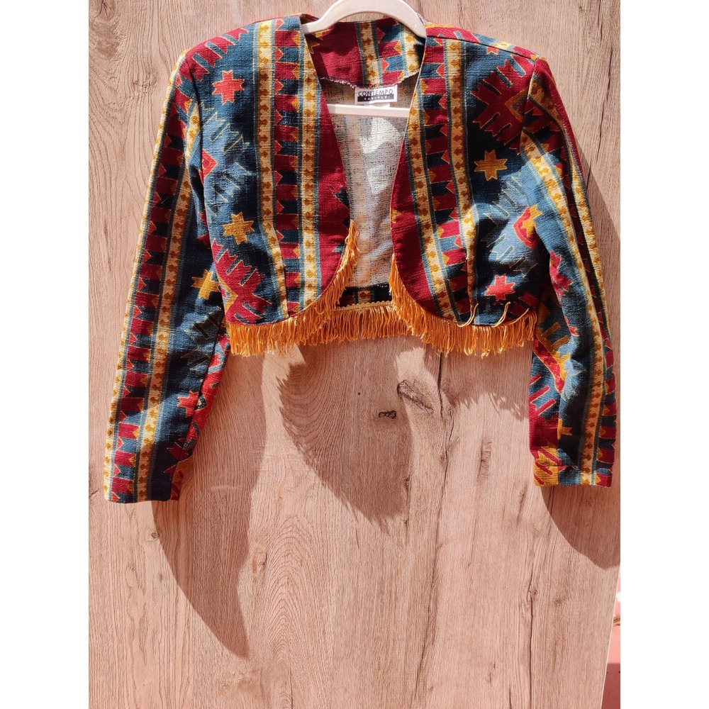 Vintage Contempo Casuals Southwestern Tapestry Fringe Cropped Bolero Jacket M